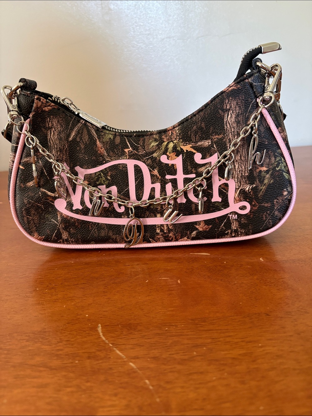 Von Dutch Pink-Trim Camouflage Mini Charm Shoulder Bag